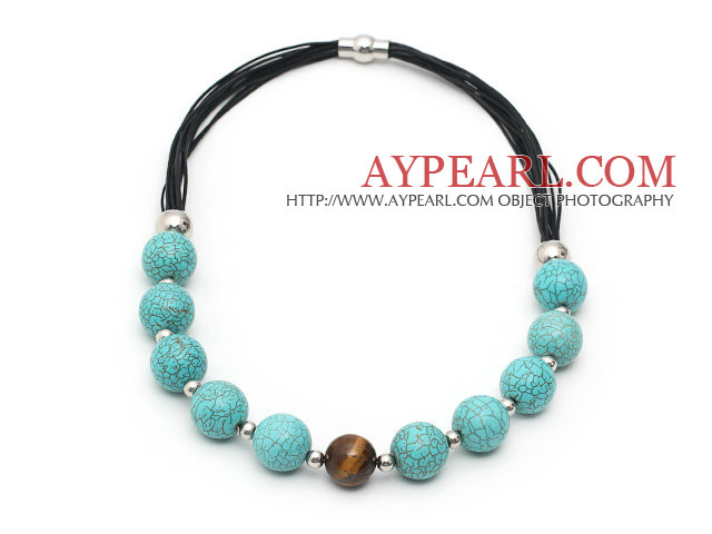 Round Turquoise and Tiger Eye Leather Necklace with Magnetic Clasp