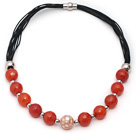 Wholesale Faceted Red Carnelian and Mosaics Shell Leather Necklace with Magnetic Clasp