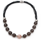 Wholesale Brown Series Smoky Quartz and Mosaics Shell Leather Necklace with Magnetic Clasp