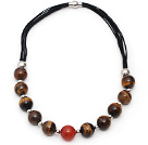 Wholesale Round Shape Tiger Eye and Carnelian Leather Necklace with Magnetic Clasp
