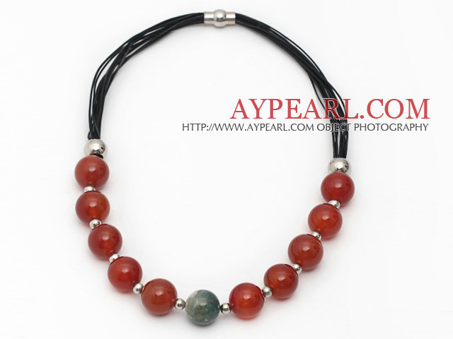Red Series Round Fire Agate Leather Necklace with Magnetic Clasp
