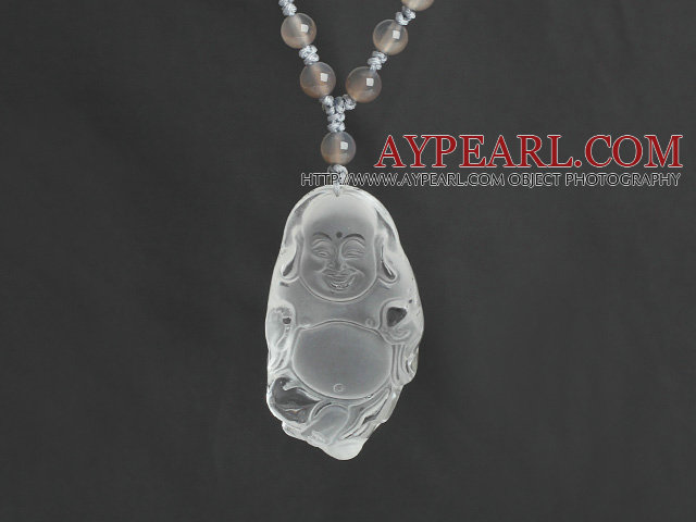 Gray Agate Necklace with Clear Crystal Laughing Buddha Pendant