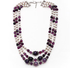 Multi Strands White Freshwater Pearl and Purple Agate Necklace with Extendable Chain