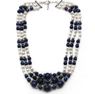 Multi Strands White Freshwater Pearl and Lapis Stone Necklace with Extendable Chain