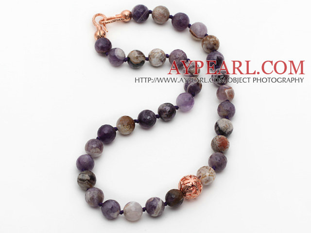 12mm Faceted Round Flower Amethyst Beaded Knotted Necklace with Golden Rose Color Metal Ball