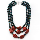 Wholesale Multi Strands Black Green Series Phoenix Stone and Irregular Shape Red Jasper Necklace with Extendable Chain