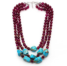 Multi Strands Purple Red Agate and Irregular Shape Blue Turquoise Necklace with Extendable Chain