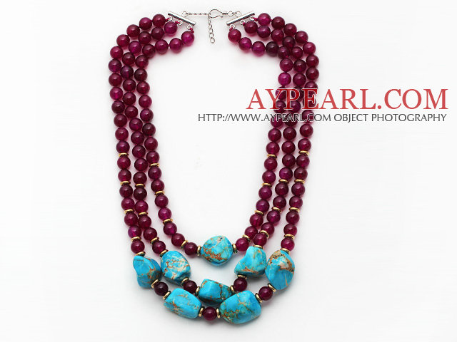 Multi Strands Purple Red Agate and Irregular Shape Blue Turquoise Necklace with Extendable Chain
