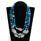 Wholesale Multi Strands Dark Blue Series Blue Agate and Irregular Shape Rose Quartz Necklace with Extendable Chain