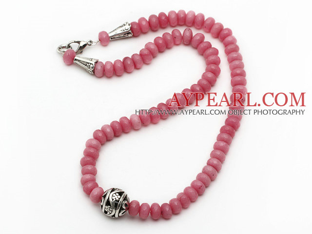 Single Strand Abacus Shape Faceted Pink Jade Necklace with Round Metal Ball