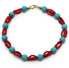 Assorted Round Turquoise and Red Coral Necklace with Yellow Color Metal Clasp