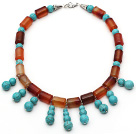 Wholesale Cylinder Shape Carnelian and Round Turquoise Necklace with Lobster Clasp