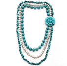 Wholesale Multi Strands White Freshwater Pearl and Turquiose Necklace with Turquoise Flower Clasp