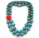 Wholesale Multi Strands Square Shape Turquoise and Garnet and Tiger Eye and White Pearl Necklace