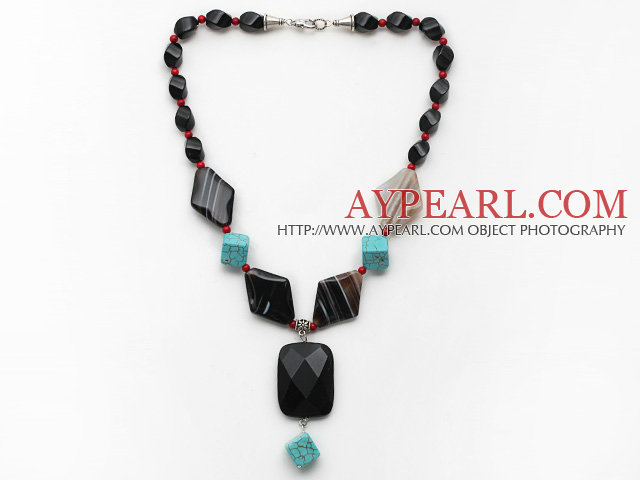 Assorted Black Agate and Alaqueca and Turquoise Y Shape Necklace