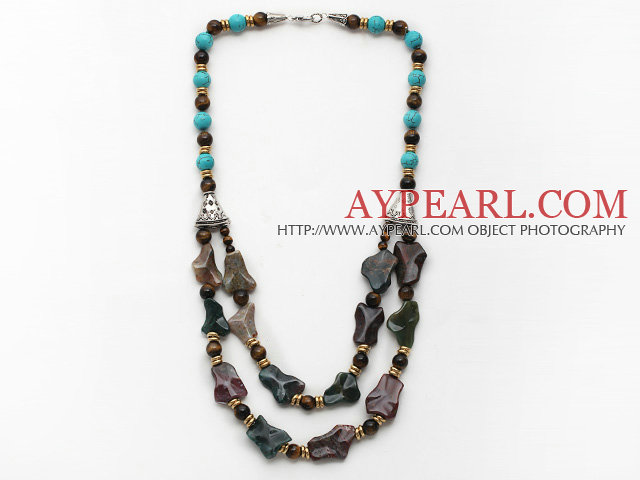 Double Layer Turquoise and Tiger Eye and Irregular Shape Indian Agate Necklace