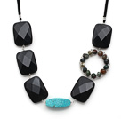 Wholesale Fashion Style Rectangle Shape Black Crystal and Turquoise and Wire Wrapped Indian Agate Necklace
