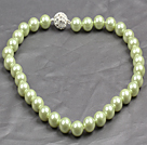 Fashion Single Strand 12Mm Green Round Seashell Beads Necklace With Rhinestone Magnetic Clasp