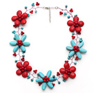 Wholesale New Design Turquoise and Alaqueca and Red Coral Flower Wire Crocheted Necklace with Extendable Chain