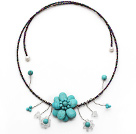 Wholesale Turquoise Flower Choker Necklace with White Pearl and White Crystal and Gray Black Glass Beaded Chain