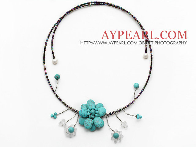 Turquoise Flower Choker Necklace with White Pearl and White Crystal and Gray Black Glass Beaded Chain