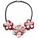 White Freshwater Pearl and Red Shell Flower Leather Necklace with Black Leather and Magnetic Clasp