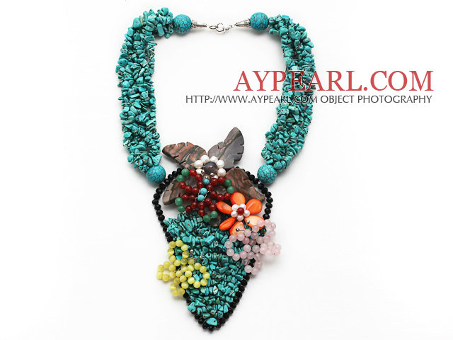 Amazing Style Turquoise Chips Necklace with Cats Eye and Rose Quartz and Carnelian Butterfly and Shell Flower