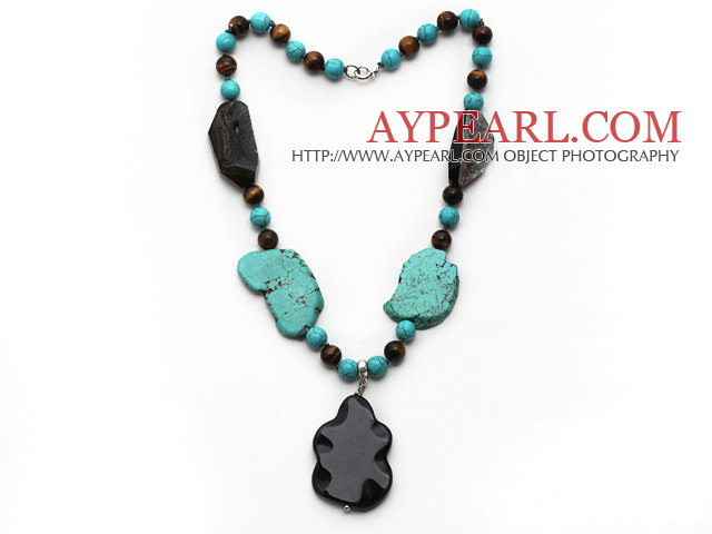 Assorted Turquoise and Tiger Eye and Irregular Shape Black Agate Necklace with Agate Pendant