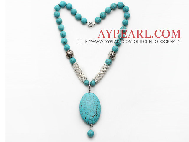 Green Turquoise Necklace with Oval Shape Turquoise Pendant and Metal Spacer Beads