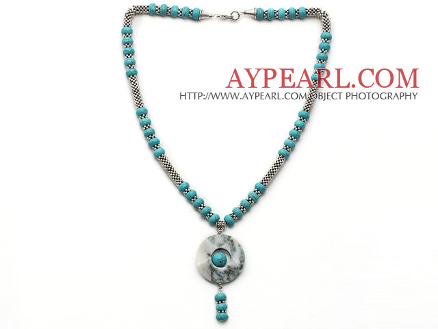 Turquoise and Metal Spacer Beads Y Shape Necklace with Blue and White Jade Donut