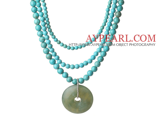 Multi Strands Turquoise Necklace with Serpentine Jade Pendant and Extendable Chain