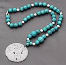 White Porcelain Stone and Turquoise Knotted Necklace with China Style White Jade Pendant