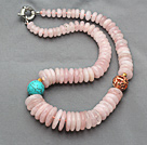 Wholesale Pink Series Disc Shape Rose Quartz and Turquoise Necklace with Metal Beads