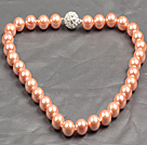 Fashion Single Strand 12Mm Pink Round Seashell Beads Necklace With Rhinestone Magnetic Clasp