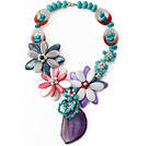 Wholesale Assorted Turquoise and Agate and Shell Flower Necklace with Crystallized Agate Pendant