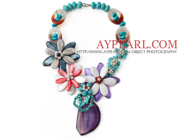 Assorted Turquoise and Agate and Shell Flower Necklace with Crystallized Agate Pendant