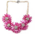 White Freshwater Pearl and Clear Crystal and Hot Pink Shell Flower Necklace