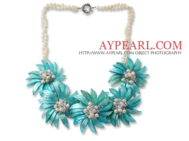 White Freshwater Pearl and Clear Crystal and Blue Shell Flower Necklace