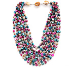Multi Strands Peacock Green and Gray and Pink Color Shell Knotted Necklace with Shell Clasp