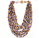 Multi Strands Purple and Brown Color Shell Knotted Necklace with Shell Clasp
