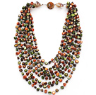 Multi Strands Green and Orange Color Shell Knotted Necklace with Shell Clasp