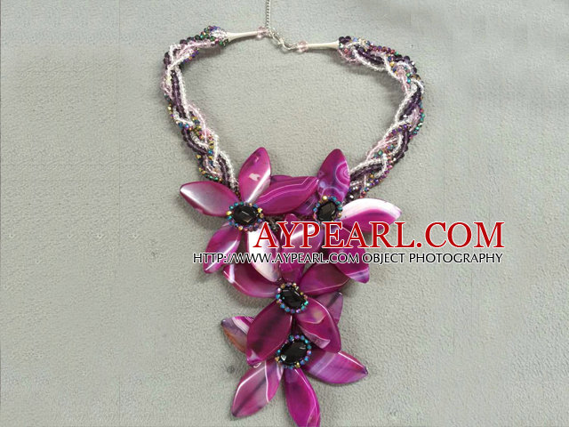 Terrific Multi Strand Colorful Crystal Rose Red Agate Flower Party Necklace