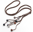 Long Style Potato Shape Multi Color Pearl Leather Necklace with Woven Brown Leather