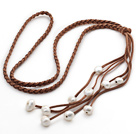 Long Style Potato Shape White Pearl Leather Necklace with Woven Brown Leather
