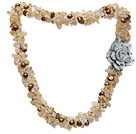 Wholesale fashion multi strand citrine chips and brown freshwater pearl necklace with flower clasp