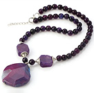 Nice Faceted Round Purple Agate Beaded Strand And Big Crystallized Agate Pendant Adjustable Necklace