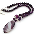 Nice Faceted Round Purple Agate Beaded Strand And Big Oval Pendant Adjustable Necklace