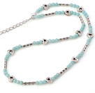 Fashion Round Amazon Stone Beaded Necklace With Tibet Silver Tube Heart Charm And Extendable Chain