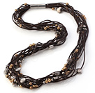 Classic Multi Strands Hand-Knotted Silver Metal Heart And Golden Beads Brown Leather Necklace With Magnetic Clasp