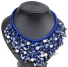 Wholesale Marvelous Statement Blue Series Natural White Freshwater Pearl Jade-Like Crystal Hand-Knitted Bib Necklace